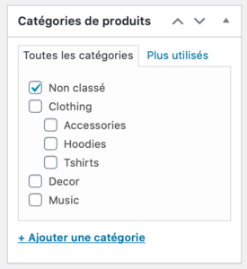 Étiquettes et catégories de produits - Capture d'écran
