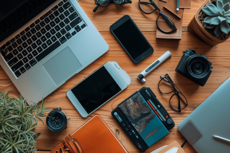 A wooden table holding a variety of electronic devices and a lap