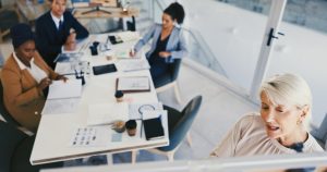 Business people presentation and woman in office whiteboard and planning for company growth. Employees training and group in workplace writing and meeting for feedback stats and review proposal